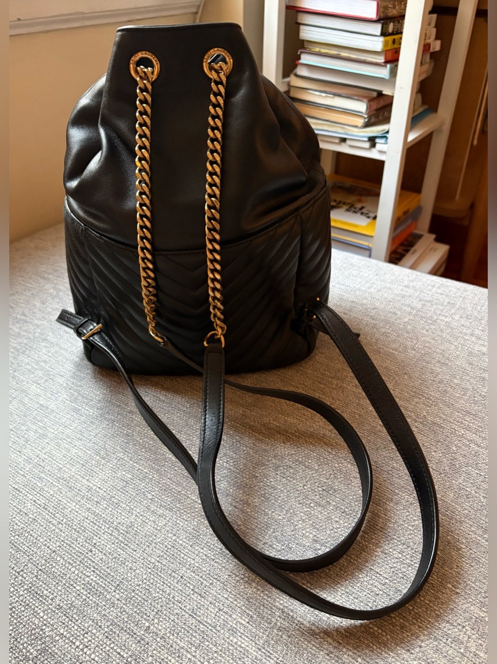 Saint Laurent Black Quilted Leather Drawstring Backpack with Gold Chain - Picture 2 of 16